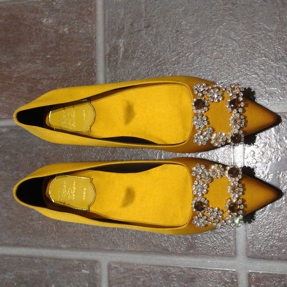 Roger Vivier Flower Strass Crystal embellishment Satin Ginger yellow flat Size35 - Picture 2 of 14